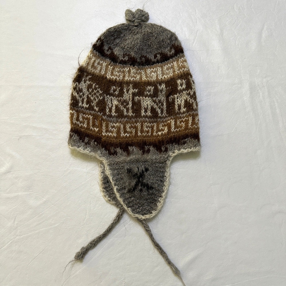 Hand Knit Alpaca Wool Chullo Earflap Hat Brown Grey Boho Gorpcore Cabincore Folk